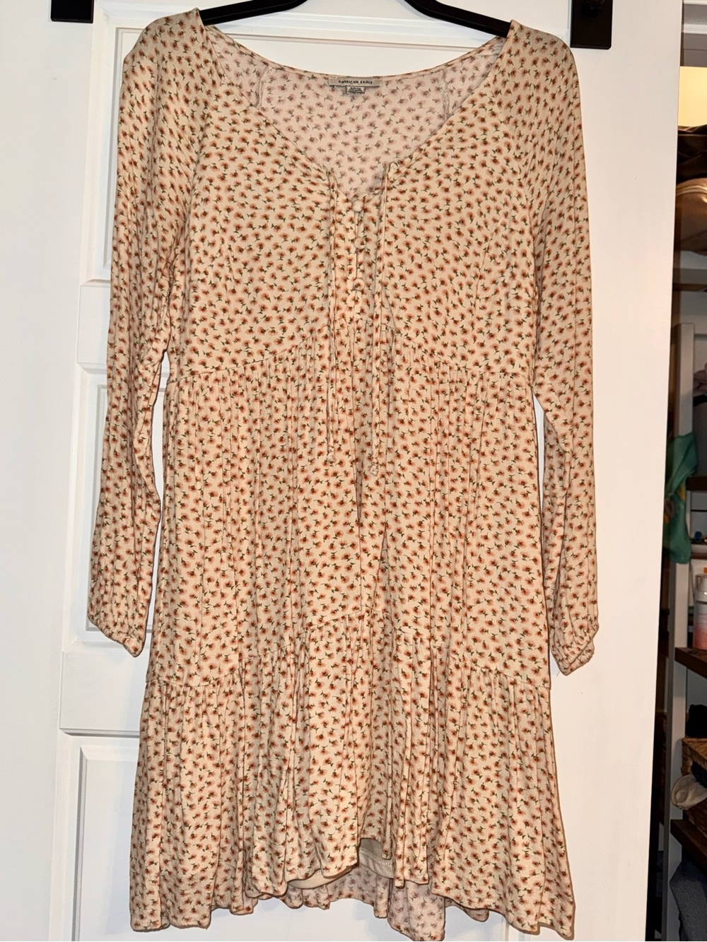 American Eagle Outfitters Cream Floral Tie-Front Dress with Yellow Flowers